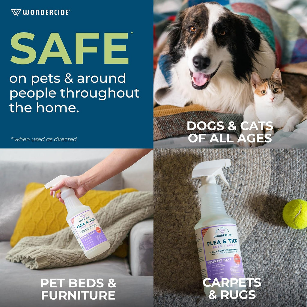 Wondercide rosemary and cedar oil pet spray protecting fabric sofa and indoor bedding.
