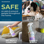 Wondercide rosemary and cedar oil pet spray protecting fabric sofa and indoor bedding.