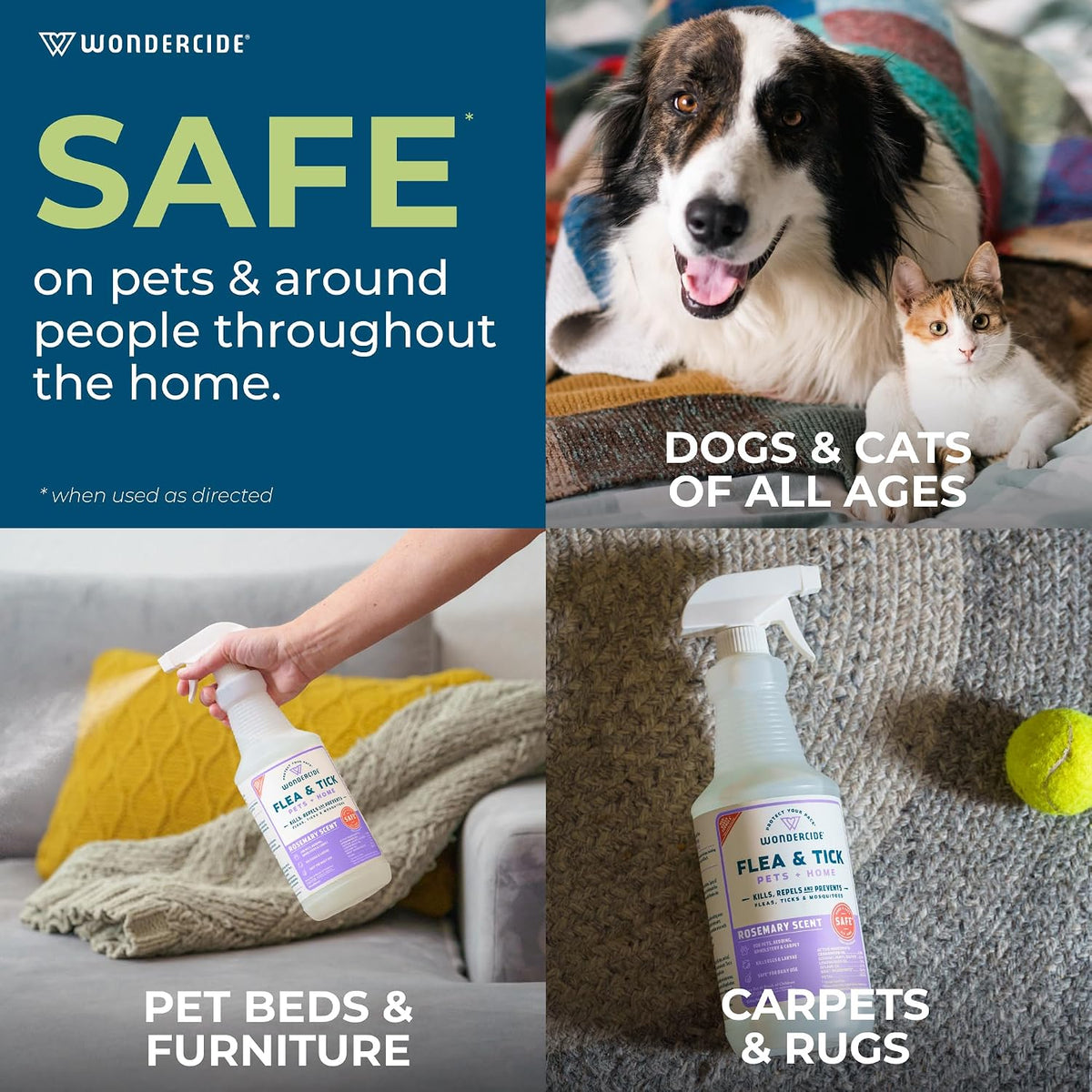 Wondercide rosemary and cedar oil pet spray protecting fabric sofa and indoor bedding.