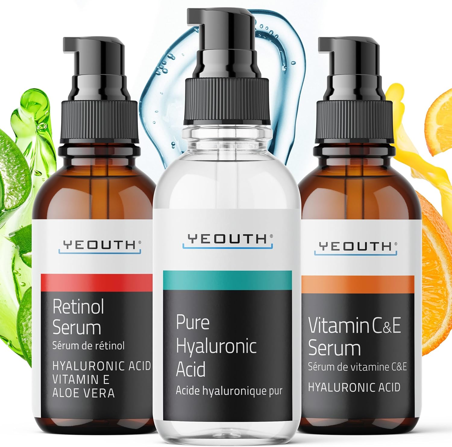 YEOUTH Skin Care Set front view showing the trio of anti-aging face serums.