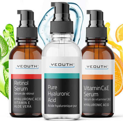 YEOUTH Skin Care Set front view showing the trio of anti-aging face serums.