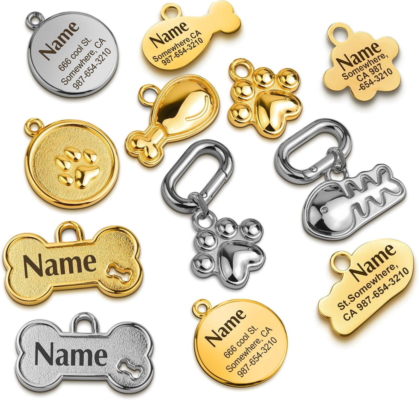 Premium gold bone shape pet identity tag attached to a dog collar.