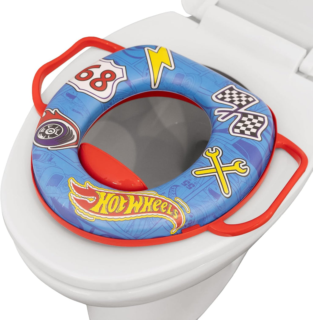 Hot Wheels soft potty training seat front view with blue race car graphics.