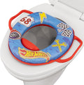 Hot Wheels soft potty training seat front view with blue race car graphics.