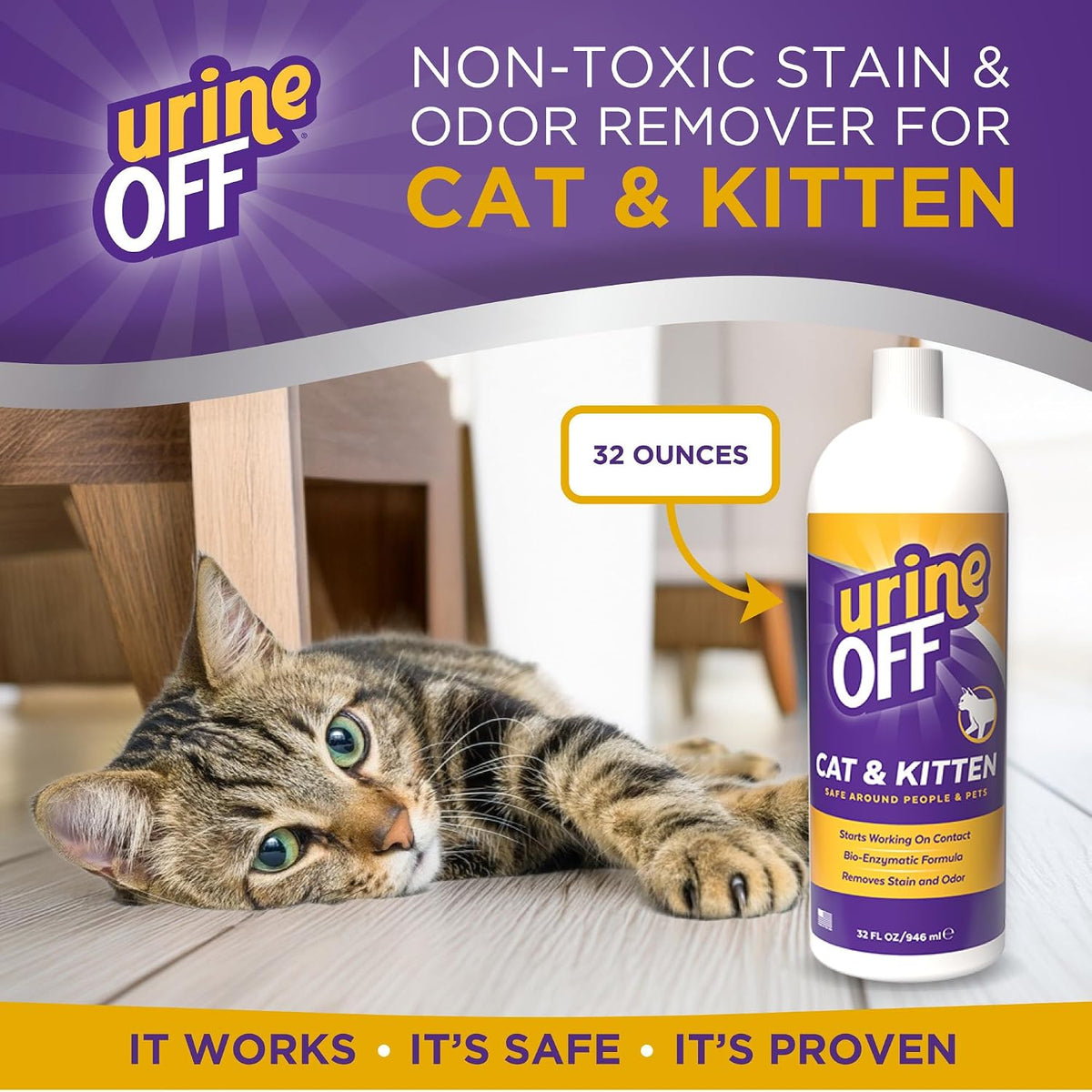 UrineOff kitten and cat stain remover front view bottle with spray nozzle