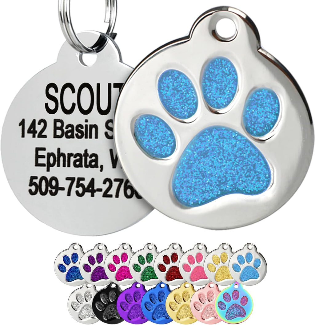 GoTags Paw Print Round Stainless Steel Pet Tag for Dogs and Cats, Personalized with 4 Lines of Custom Engraved ID Name and Number, in Stainless Steel and 15 Colors Small and Large, Glitter Blue - Image 13