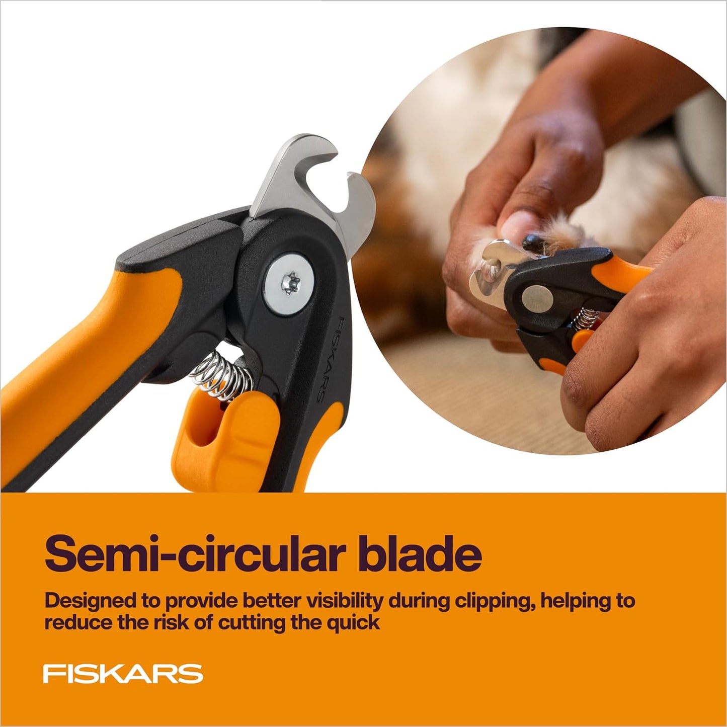 Fiskars pet grooming tool with SoftGrip handle and safety lock feature