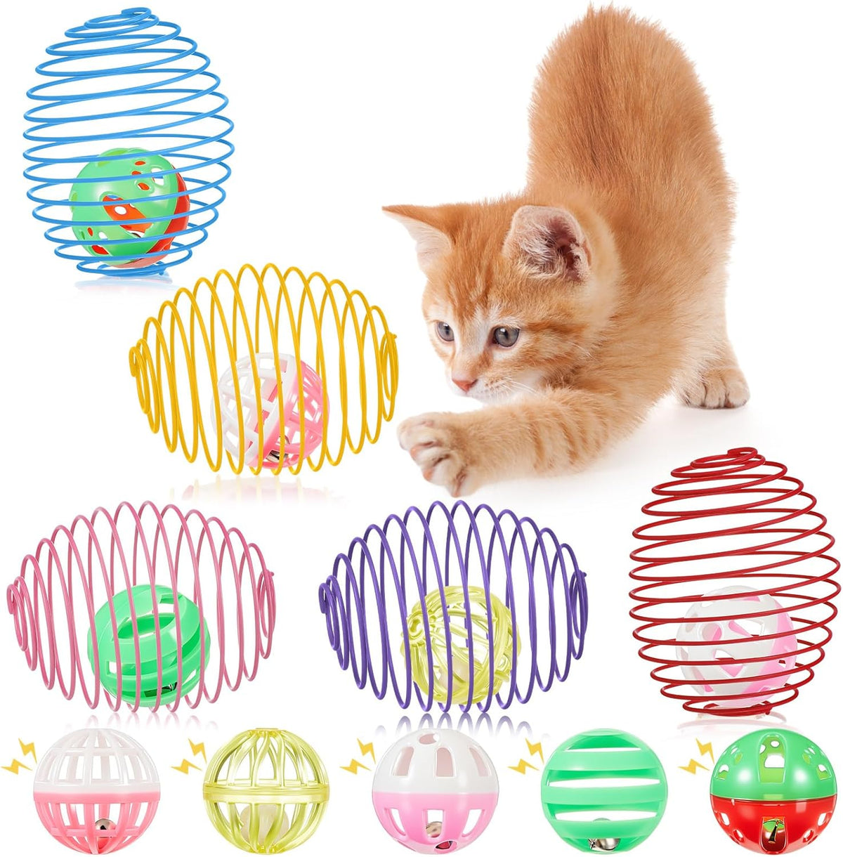 Jecery flexible spring cage ball toy flat lay view cat enrichment.