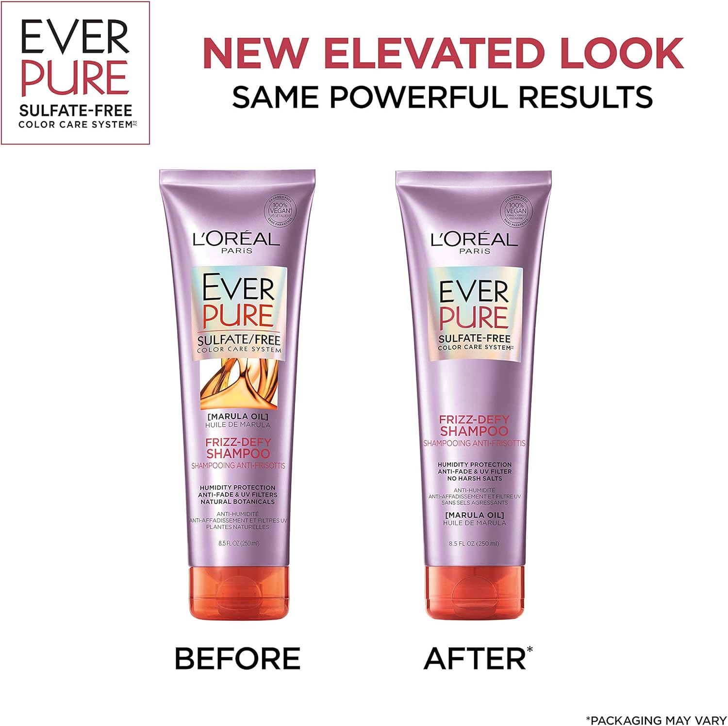 L'Oreal Paris EverPure Marula Oil shampoo bottles showcasing the anti-fade color care label