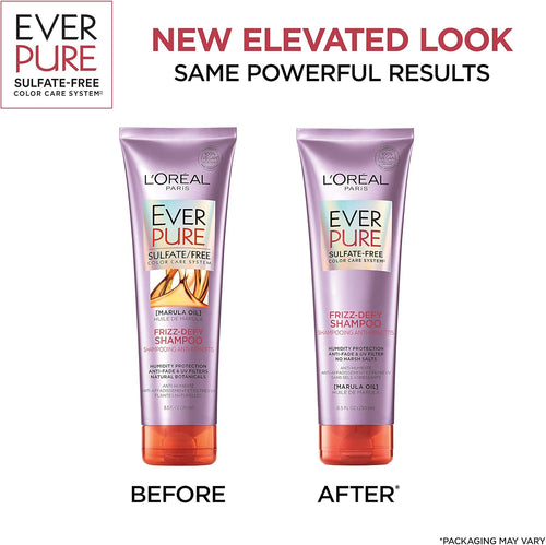 L'Oreal Paris EverPure Marula Oil shampoo bottles showcasing the anti-fade color care label