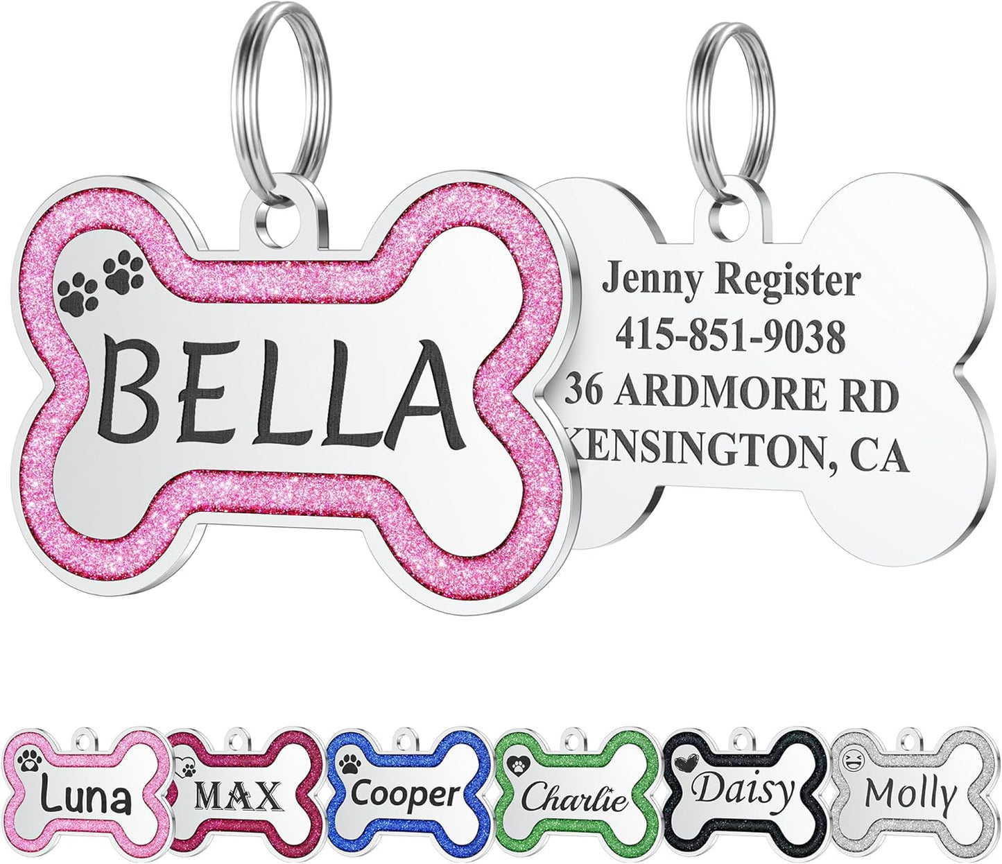 GISUREY stainless steel glitter pet ID tag front view showcasing personalized deep engraving