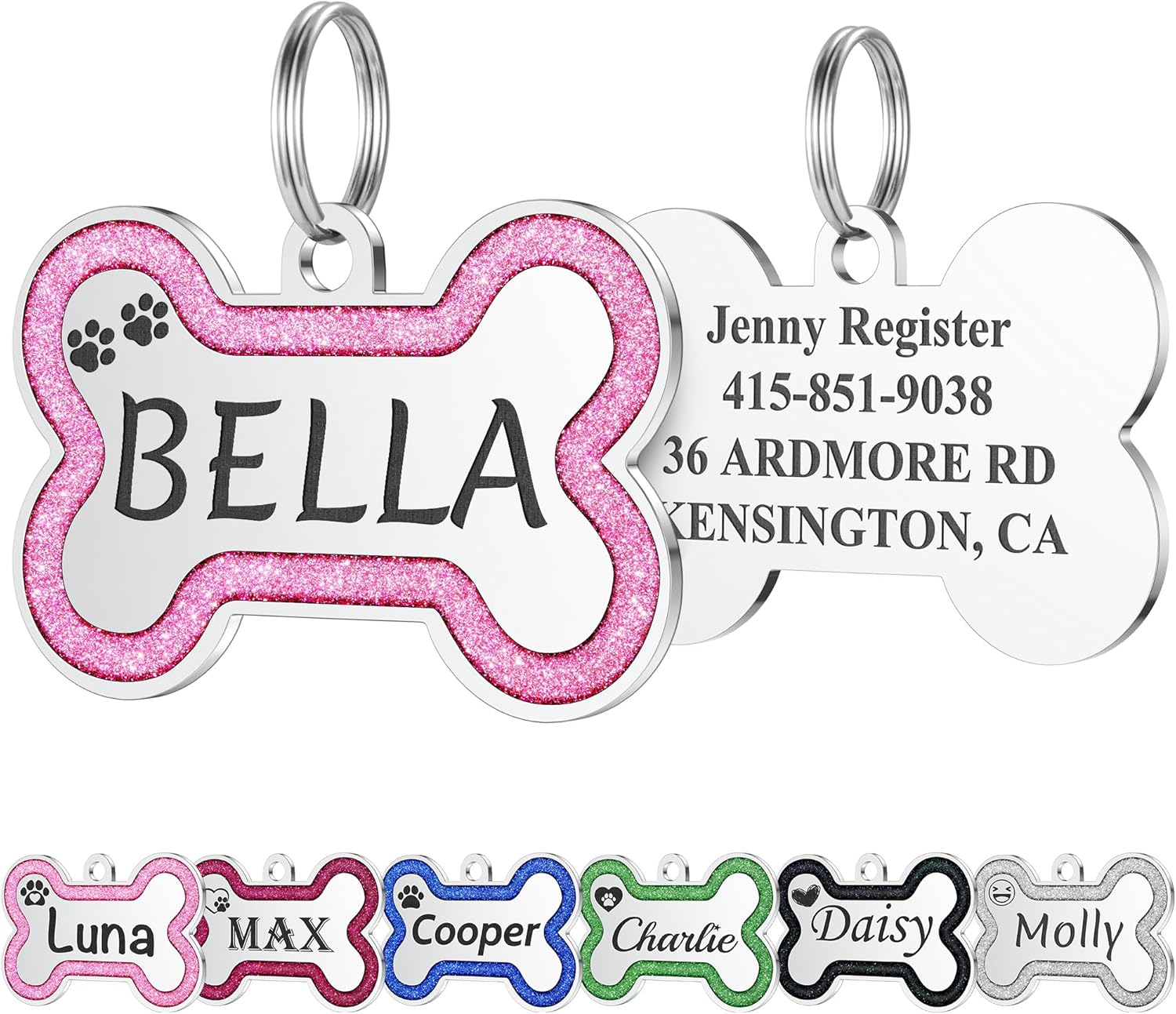 GISUREY stainless steel glitter pet ID tag front view showcasing personalized deep engraving