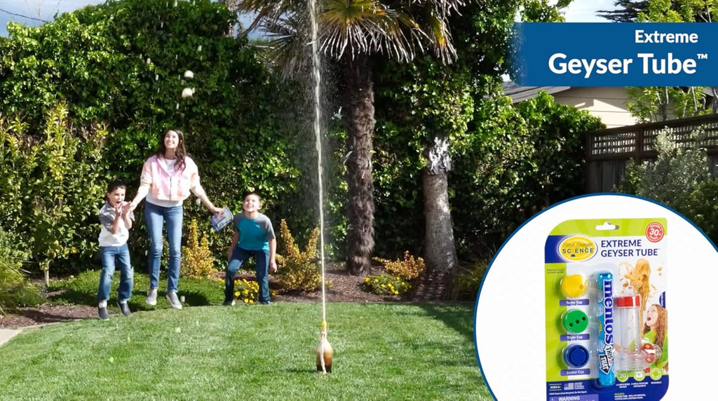 Backyard STEM learning activity showing thirty foot high soda geyser spray