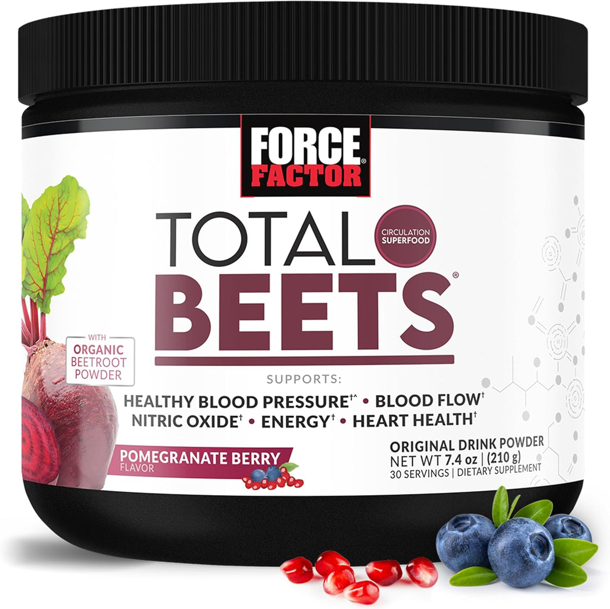 Force Factor Total Beets Pomegranate Berry powder canister front view for heart health.