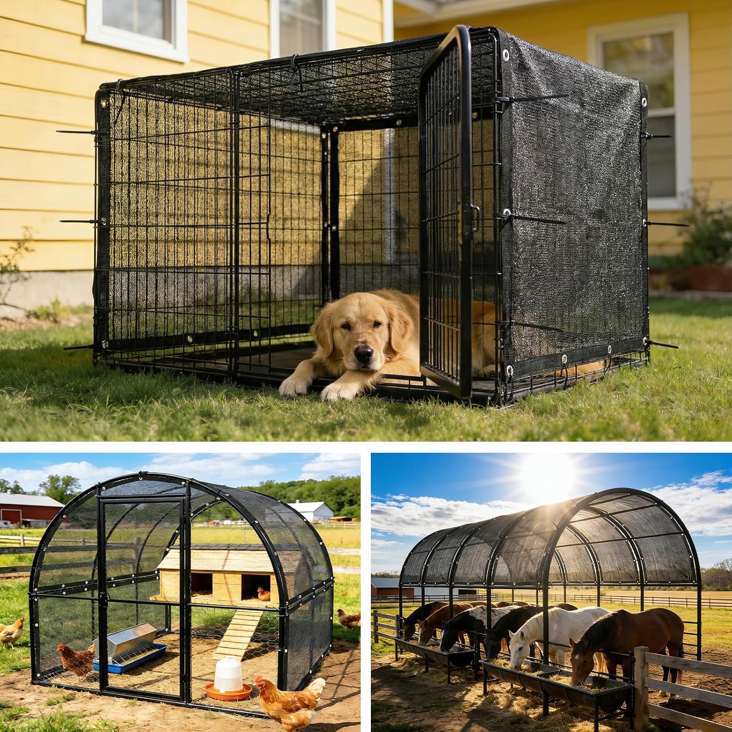 Amgo pet playpen sunshade cover installed over a metal wire dog cage outdoors