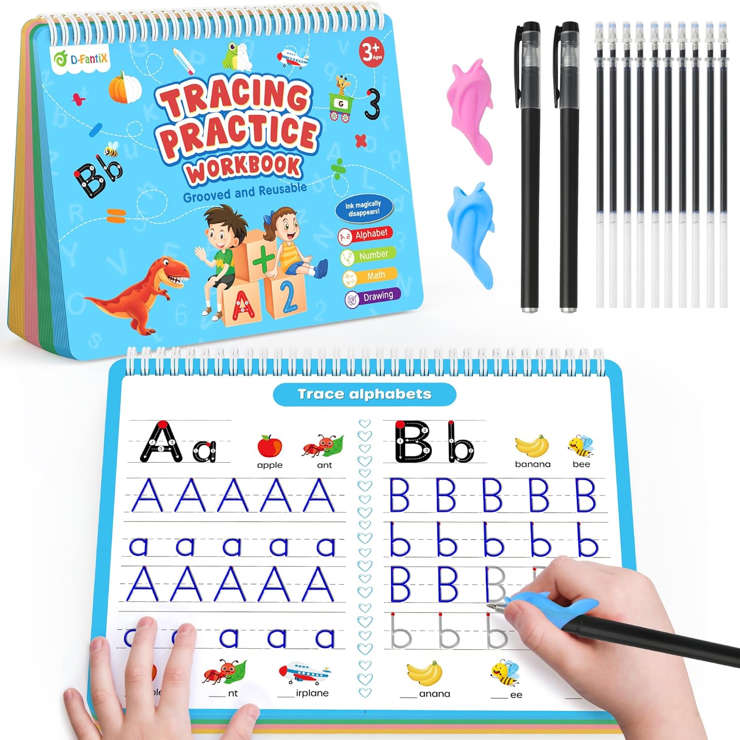 D-FantiX 4 in 1 magic grooved writing practice book set front view showing the reusable alphabet workbook packaging