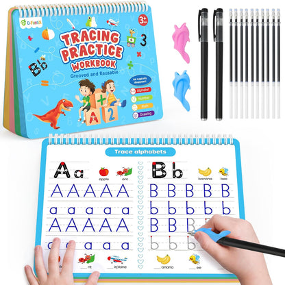 D-FantiX 4 in 1 magic grooved writing practice book set front view showing the reusable alphabet workbook packaging