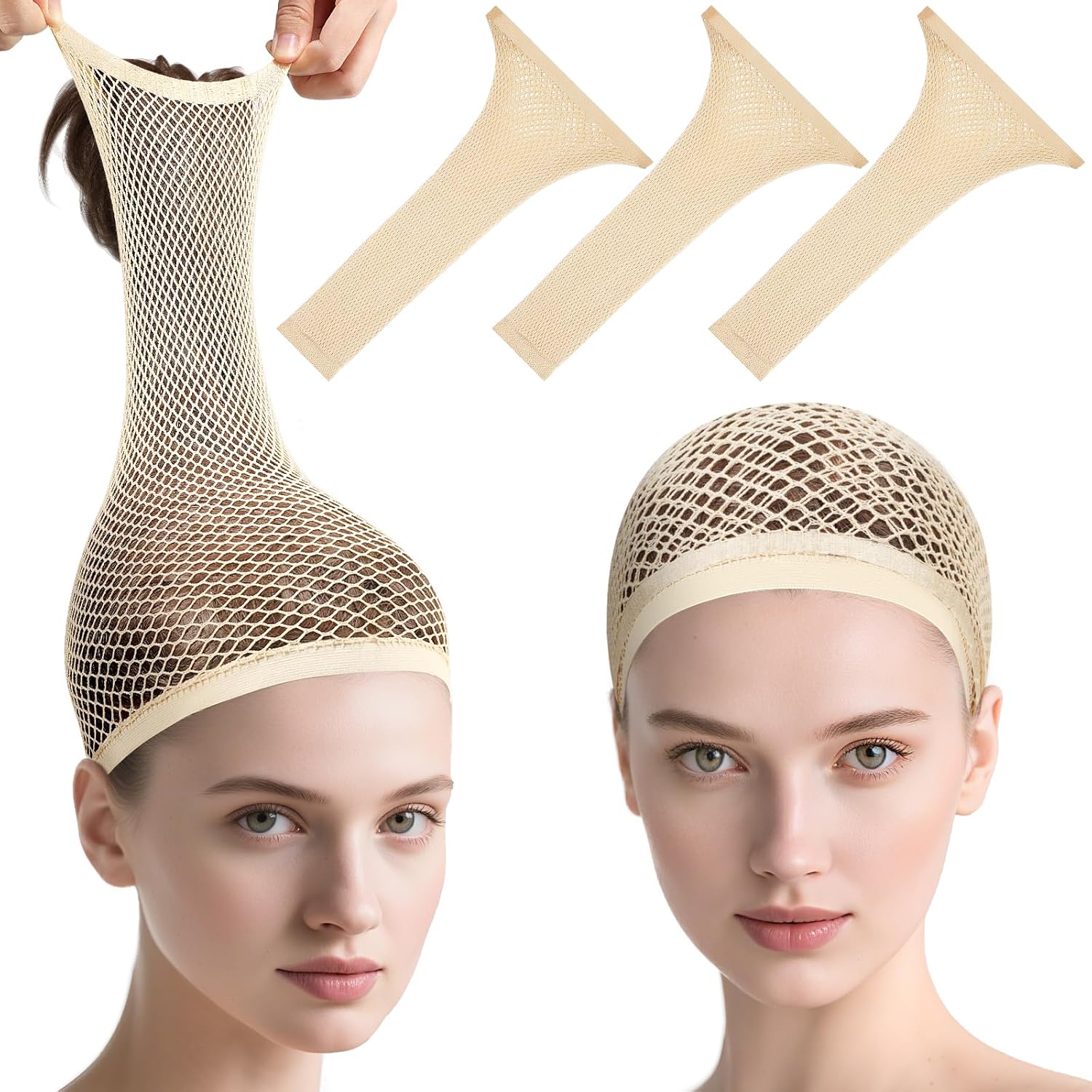 Morgles 3 Pieces Beige Mesh Wig Caps front view packaging