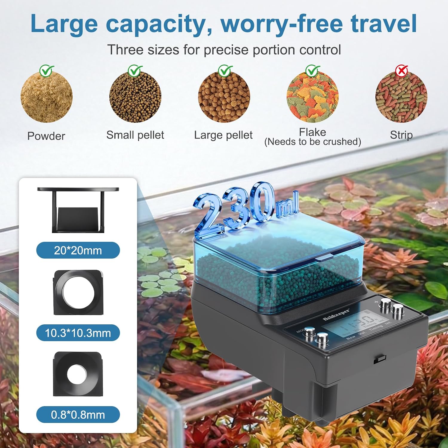 Close up view of the moisture proof rotating food compartments of the Fishkeeper automatic aquarium feeder.