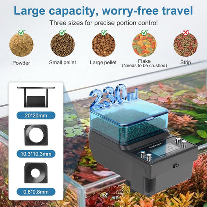 Close up view of the moisture proof rotating food compartments of the Fishkeeper automatic aquarium feeder.