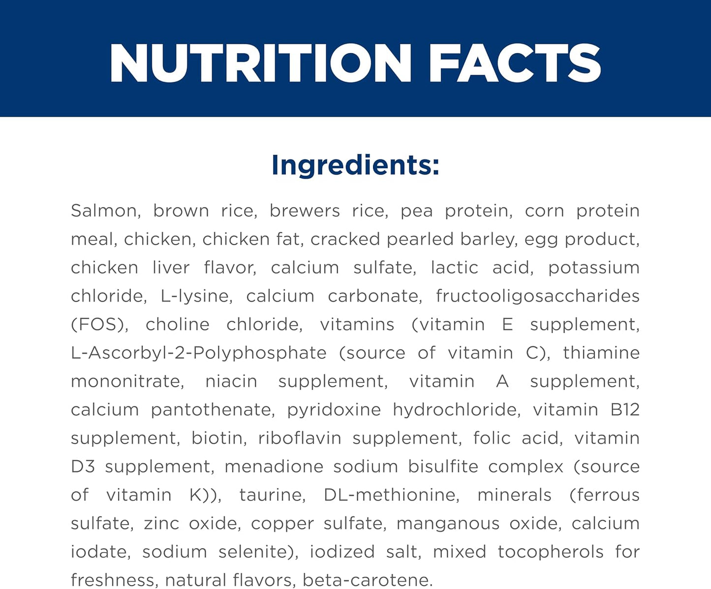 Side panel of Hill's Science Diet bag showing ingredients list