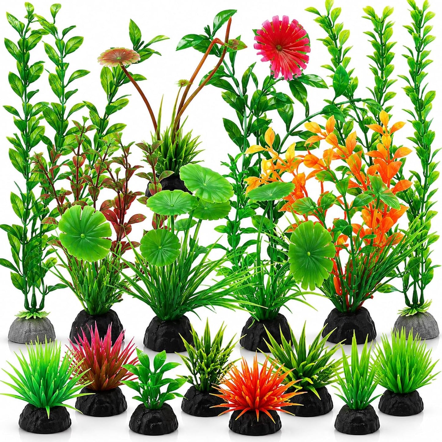 YXGTHGQZ artificial aquarium plants set front view displaying vibrant green fish tank decorations.