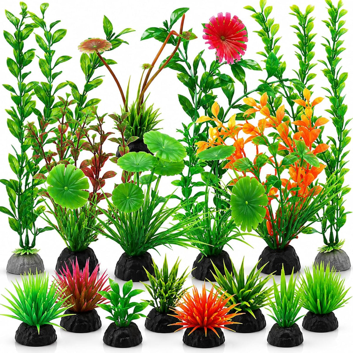 YXGTHGQZ artificial aquarium plants set front view displaying vibrant green fish tank decorations.