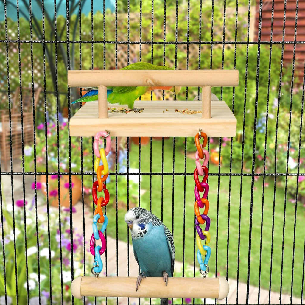 Natural wood bird playground gym mounted inside a cage