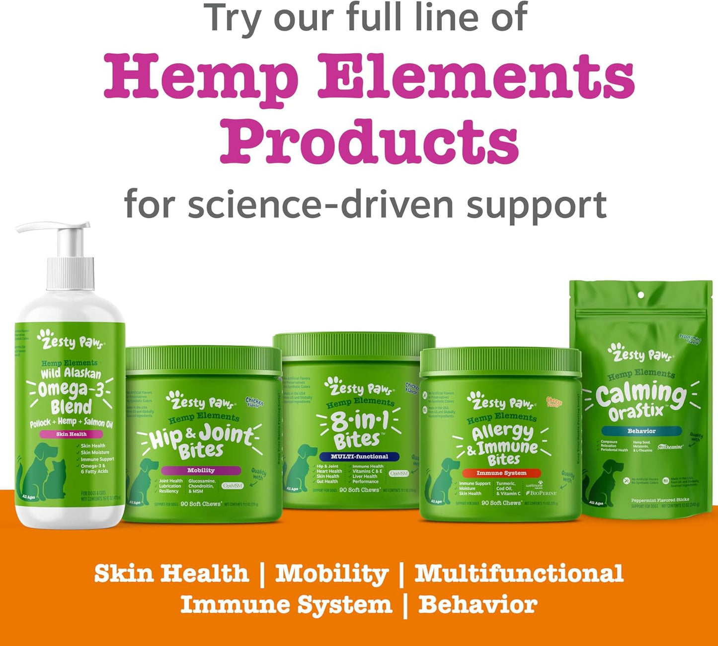 Zesty Paws dog dental chews with hemp seed powder and curcumin for immune support.