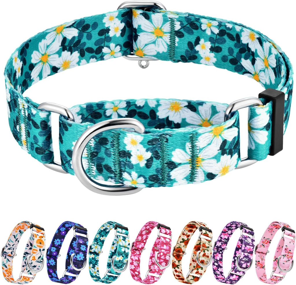 Hikiko no buckle martingale dog collar green flower front view