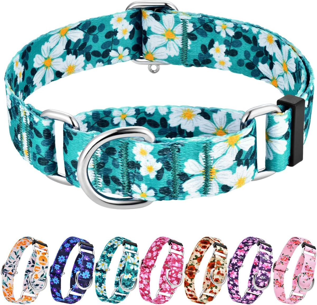 Hikiko no buckle martingale dog collar green flower front view
