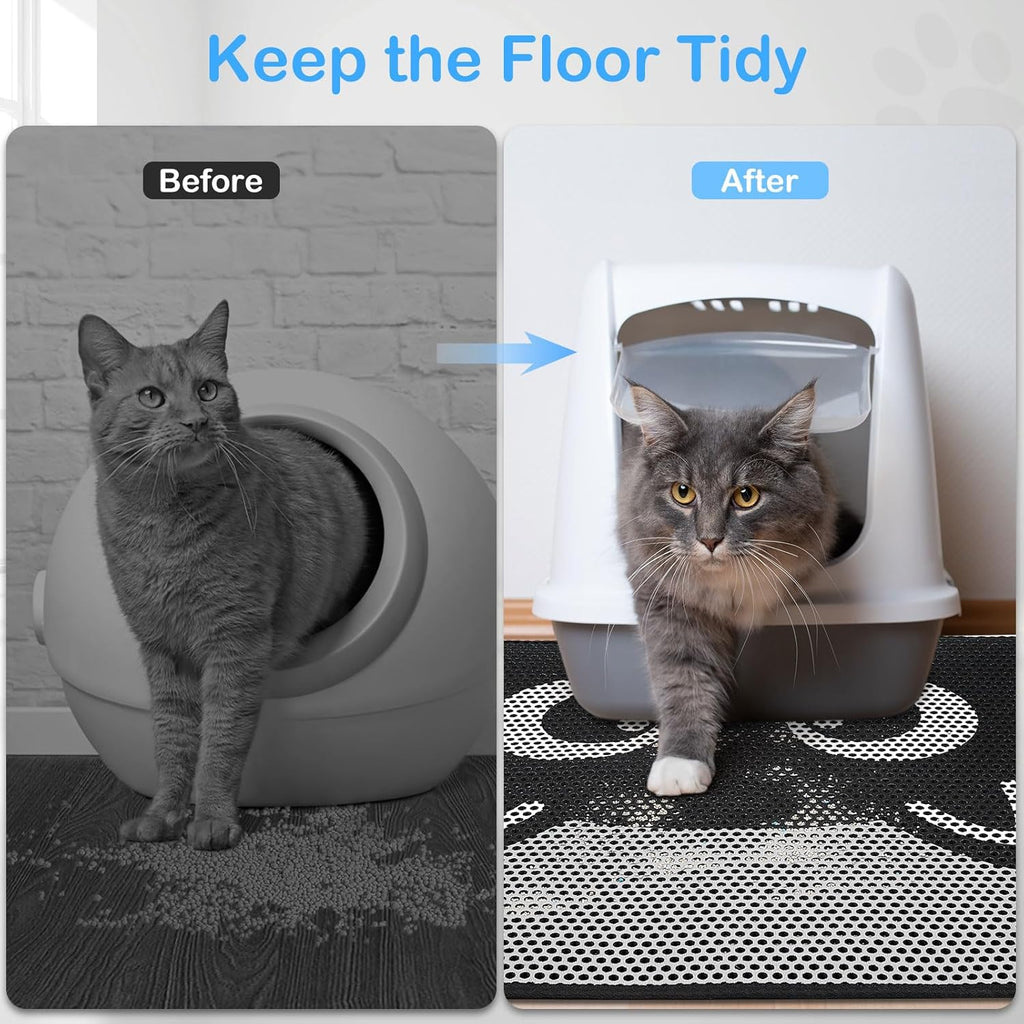 Bienbee Extra Large pet litter mat in black kitty shape placed under a cat litter box