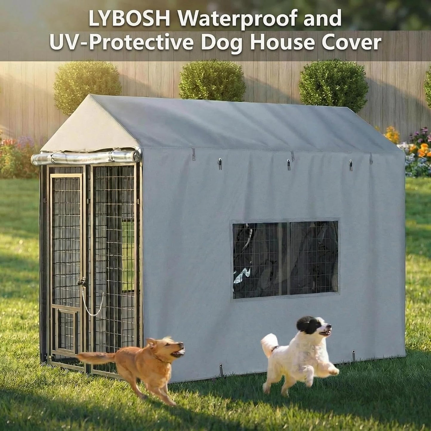 Large gray heavy duty dog crate fabric protector in an outdoor backyard setting
