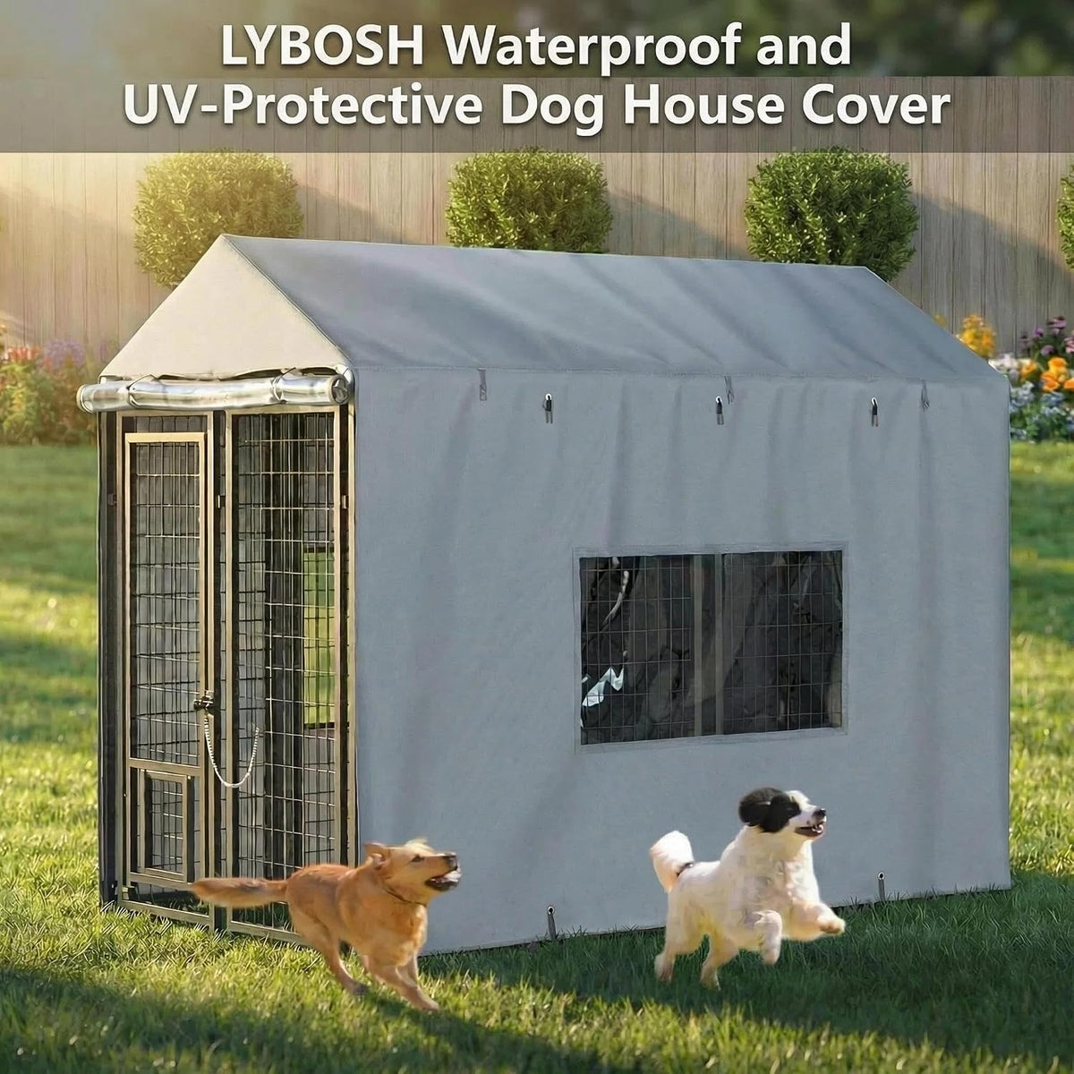 Large gray heavy duty dog crate fabric protector in an outdoor backyard setting