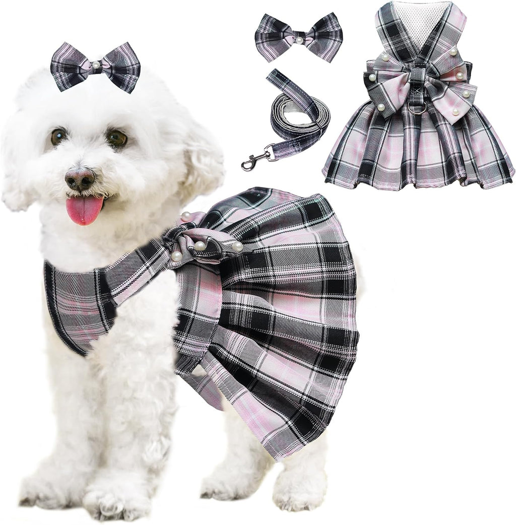 HhiMyOct dog dress harness leash set front view of black plaid puppy outfit