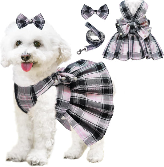 HhiMyOct dog dress harness leash set front view of black plaid puppy outfit