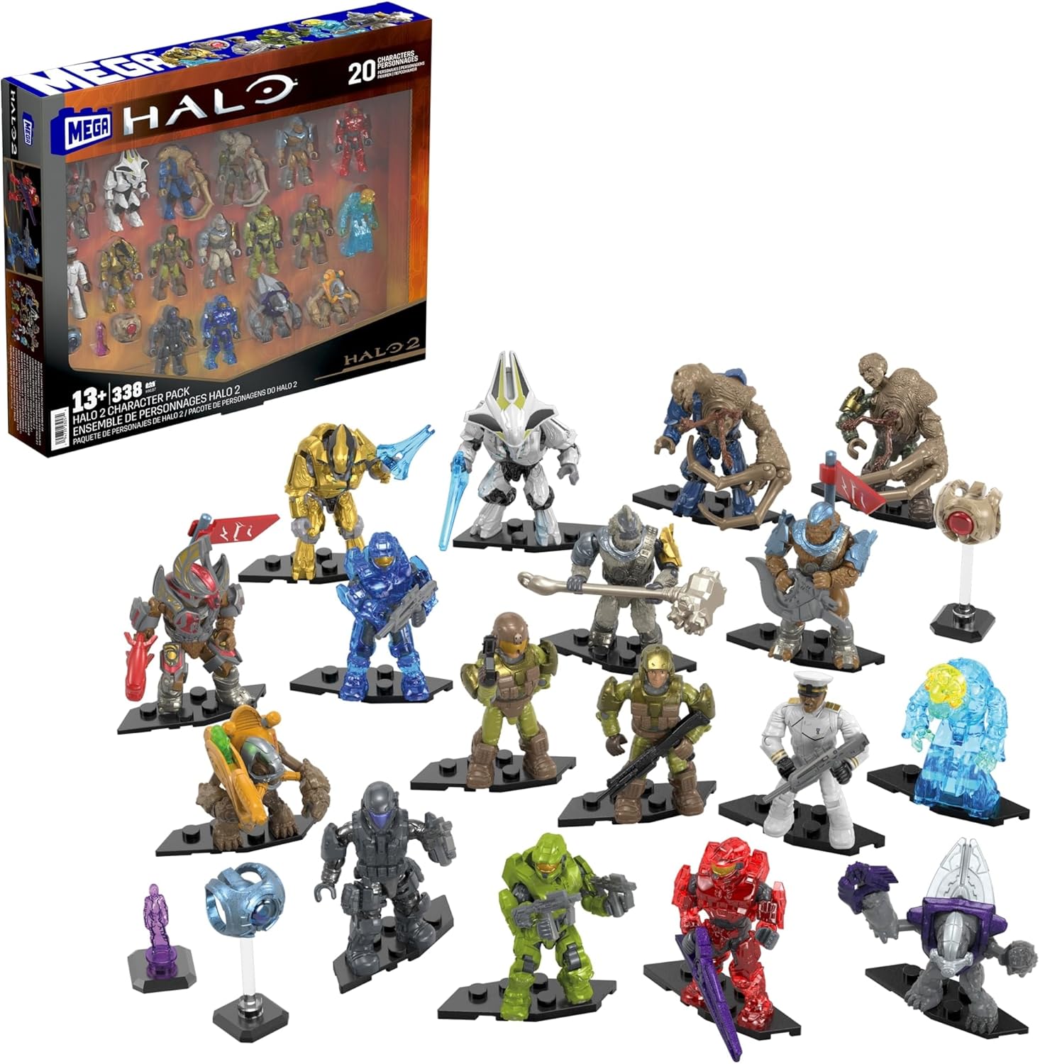 Mega Brands Halo 2 character pack building toy set front view showcasing twenty collectible micro action figures.