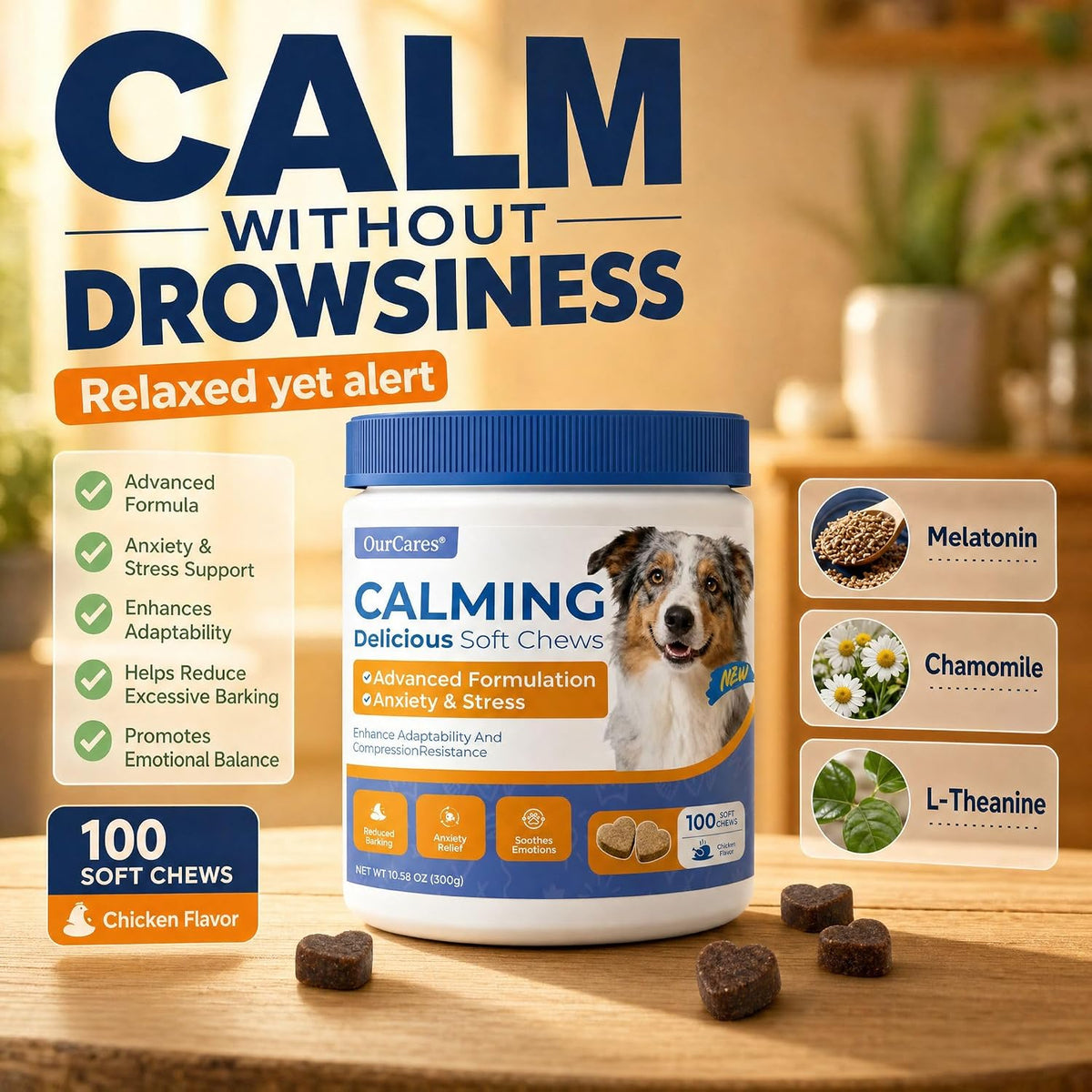 OurCares dog anxiety relief soft treats container showing fifteen count packaging.