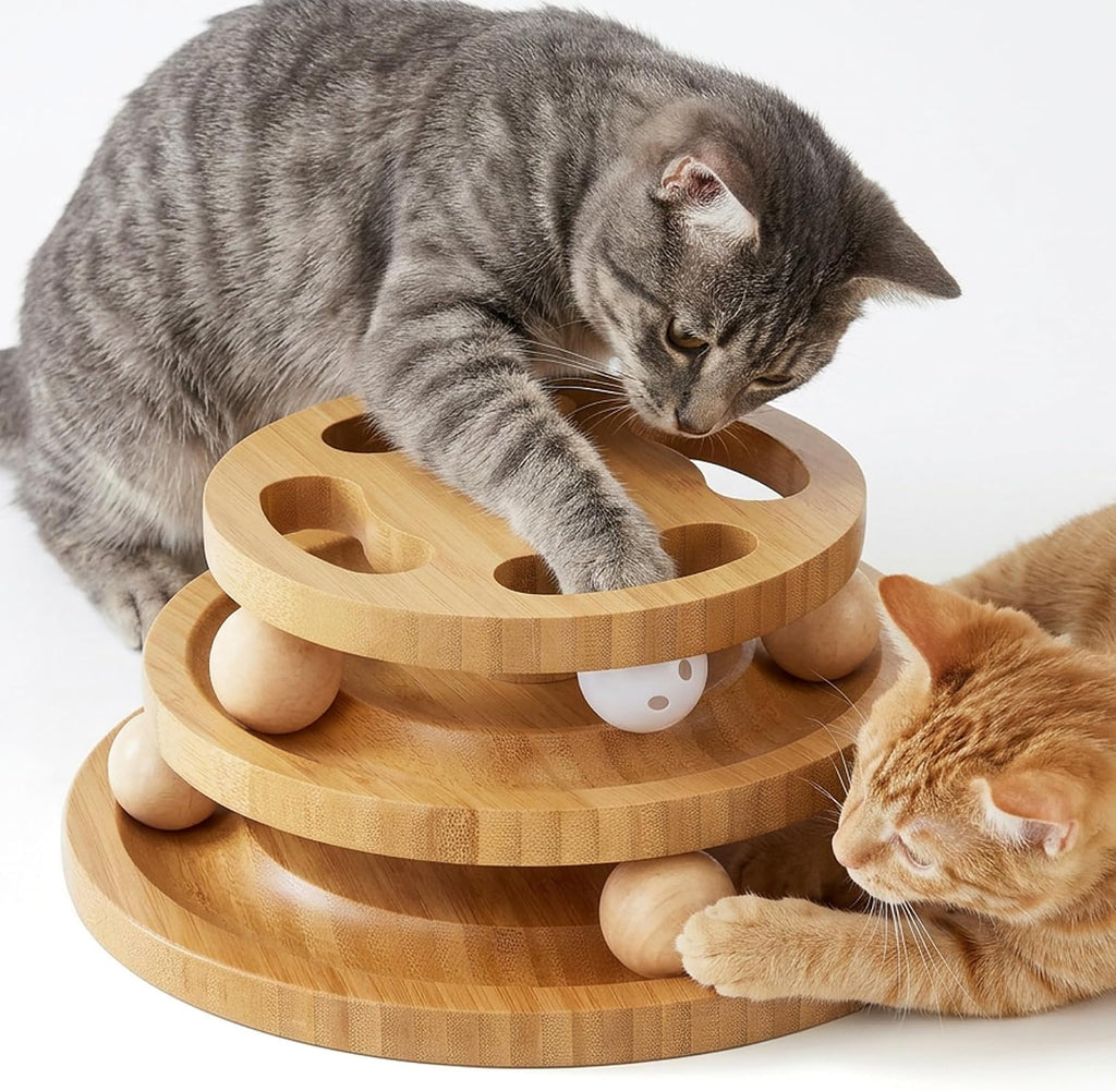Zomisia wooden cat ball track tower front view for indoor cats