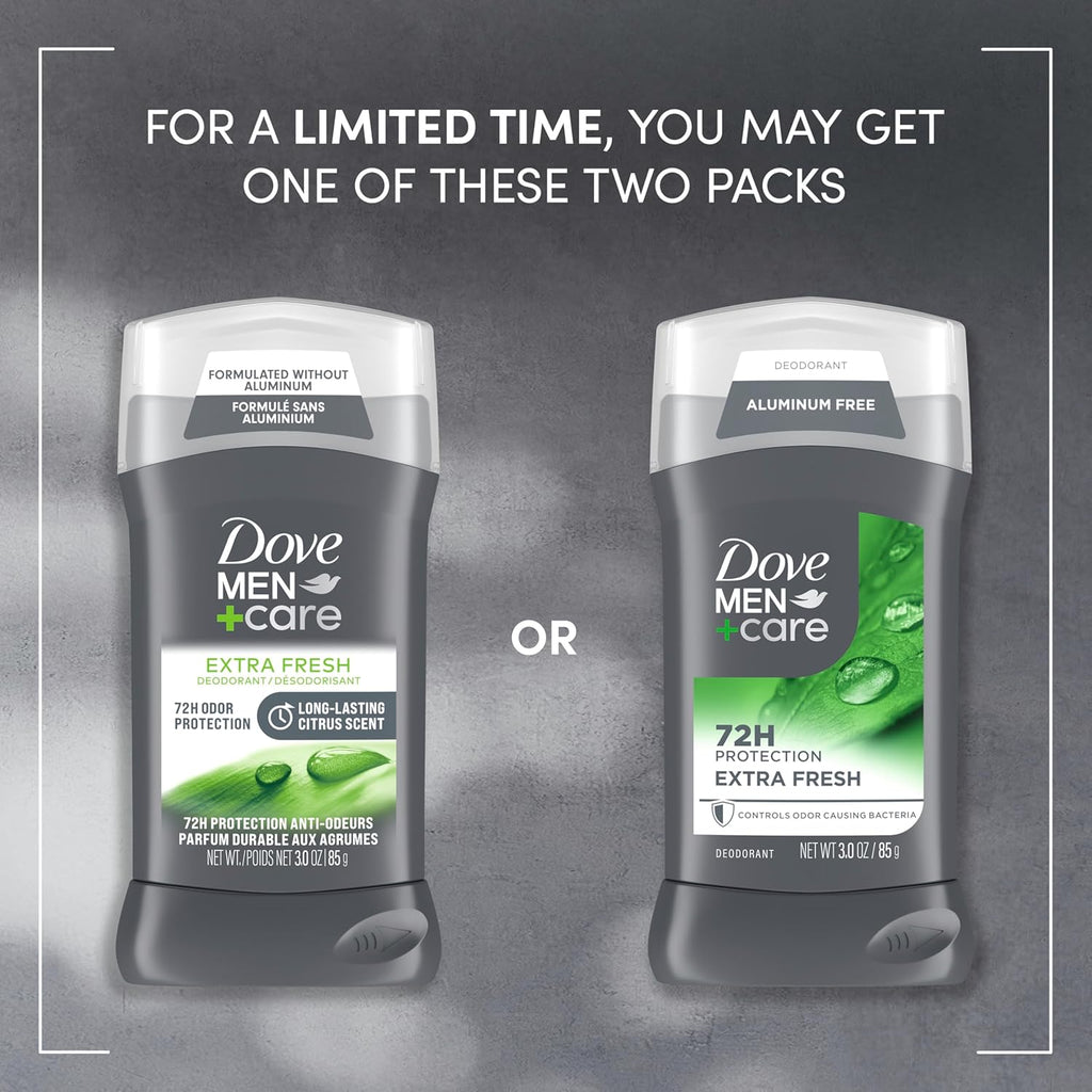 Three ounce packaging of Dove Men Care Extra Fresh men's deodorant underarm stick