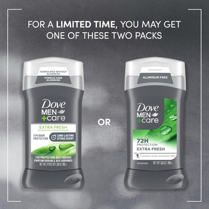 Three ounce packaging of Dove Men Care Extra Fresh men's deodorant underarm stick