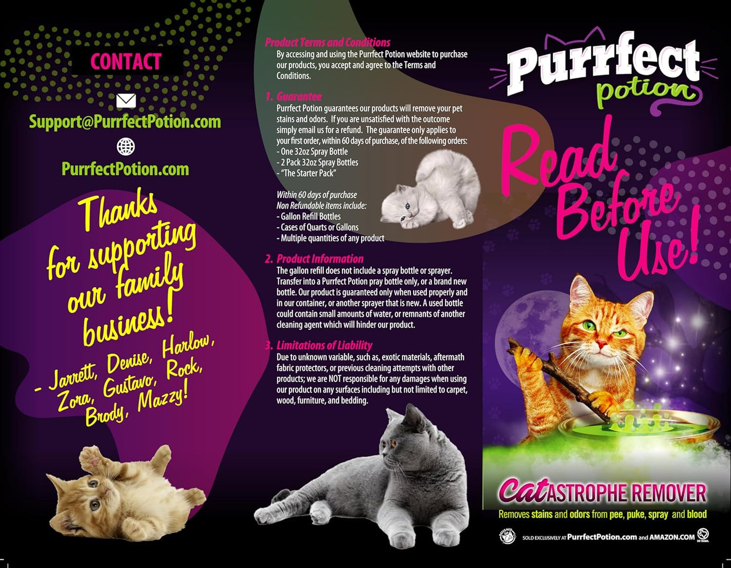 Detail shot of the 32 Ounce pet odor eliminator bottle displaying the non toxic application features.