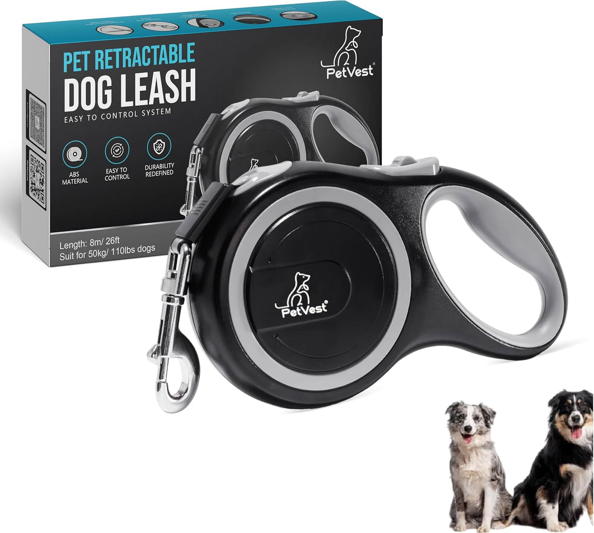 PetVest retractable dog leash 26 ft black front view