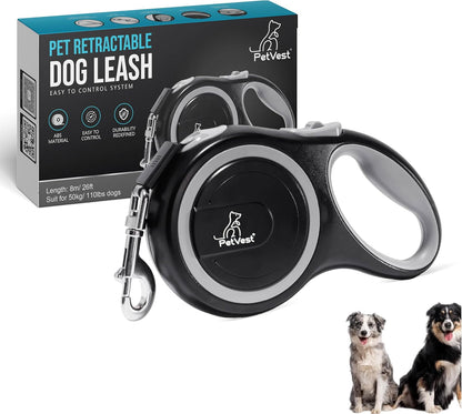 PetVest retractable dog leash 26 ft black front view