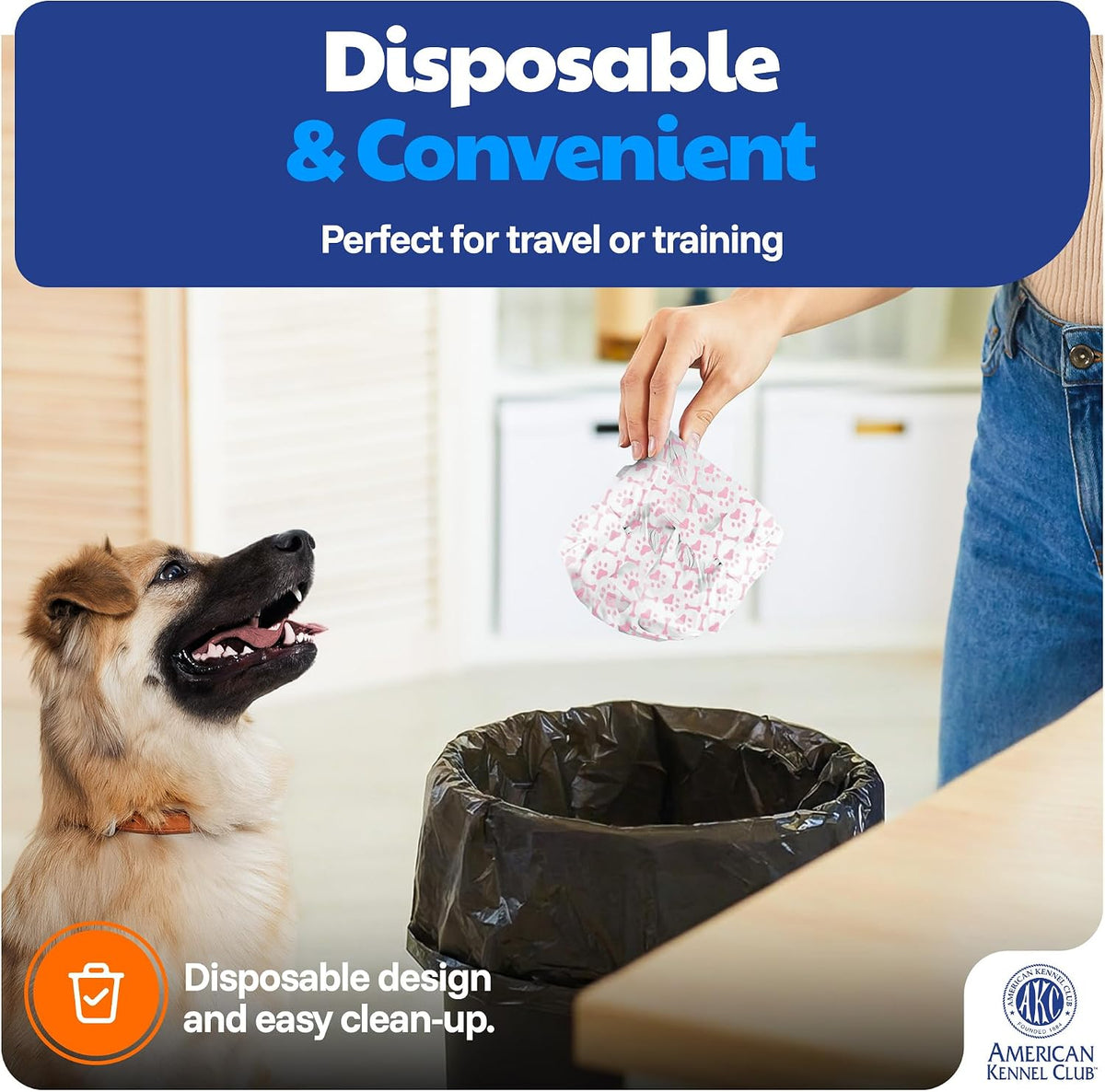 American Kennel Club dog wrap being adjusted on a small canine model for fit illustration