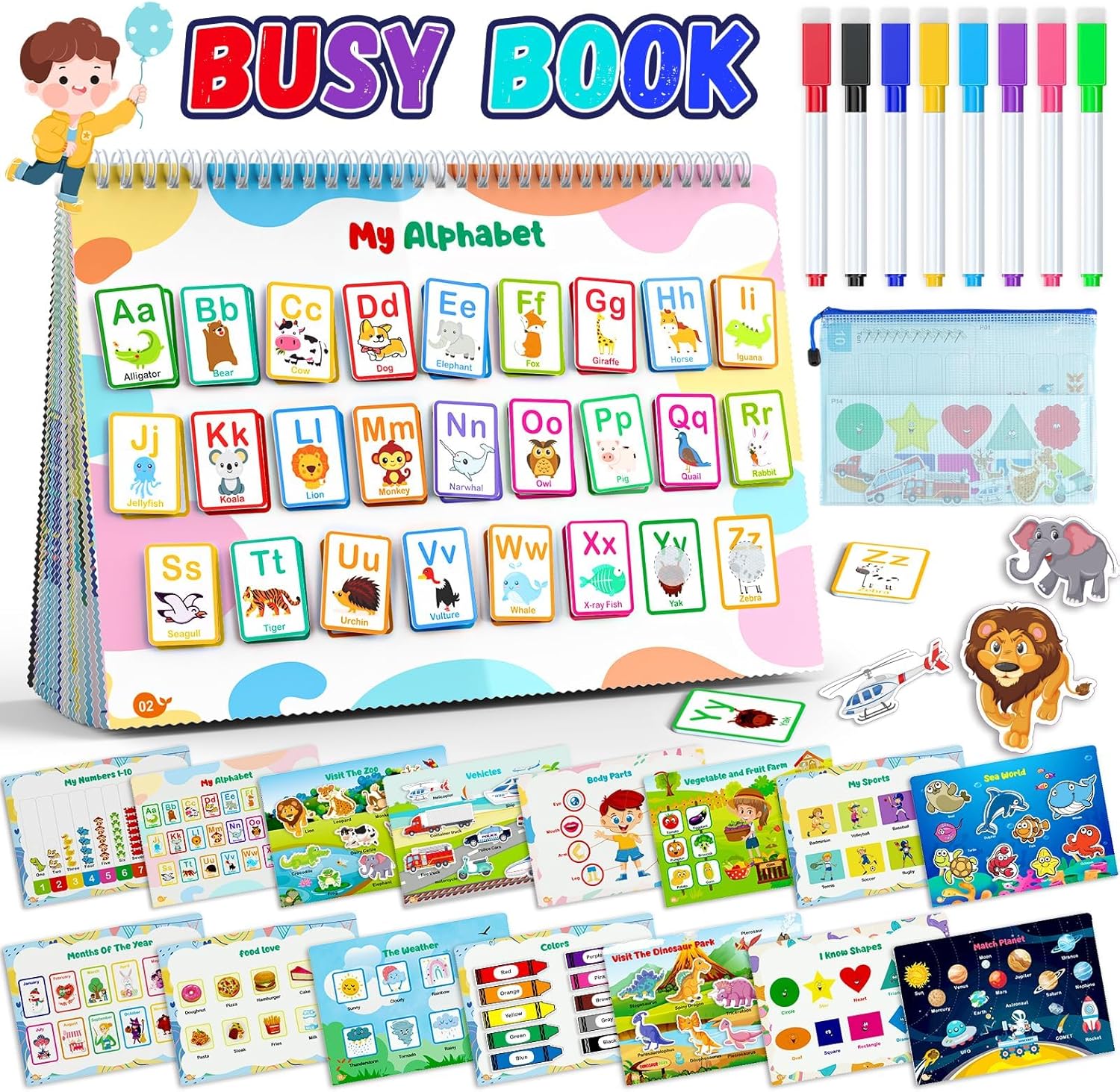 Websonaw busy book for toddlers front view featuring colorful alphabet matching theme cards