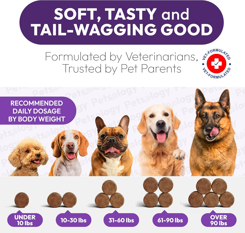 Petsology anxiety relief soft chews close up for dog sleep support.