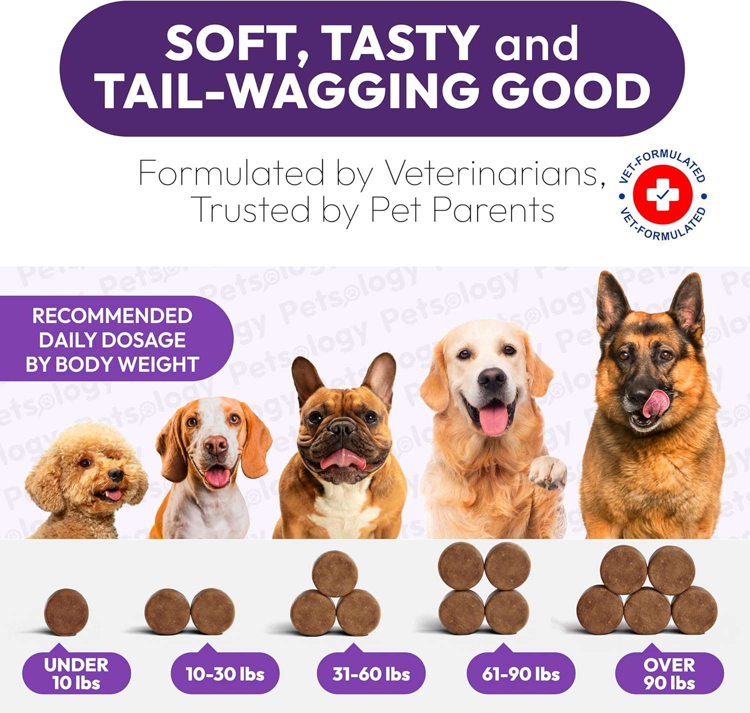 Petsology anxiety relief soft chews close up for dog sleep support.