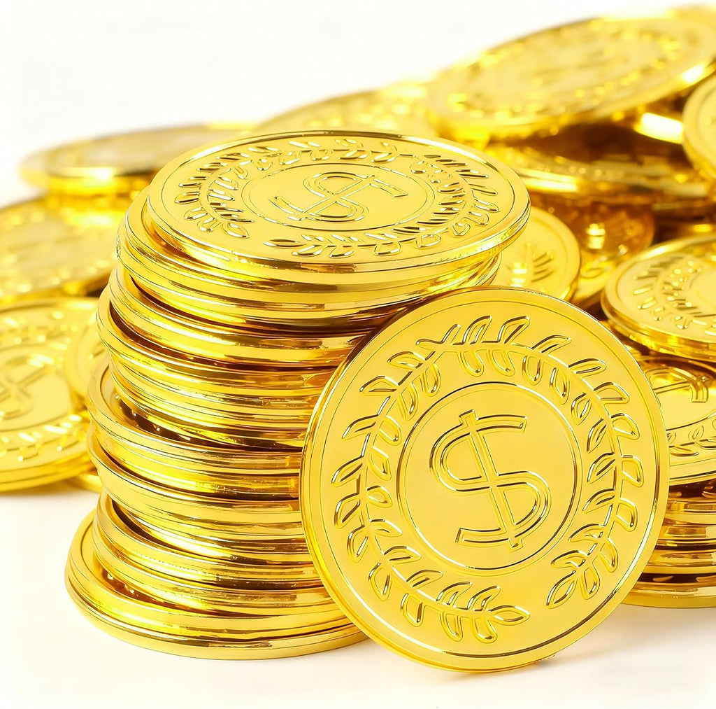 REGUICORP plastic gold coins front view showing shiny dollar sign design
