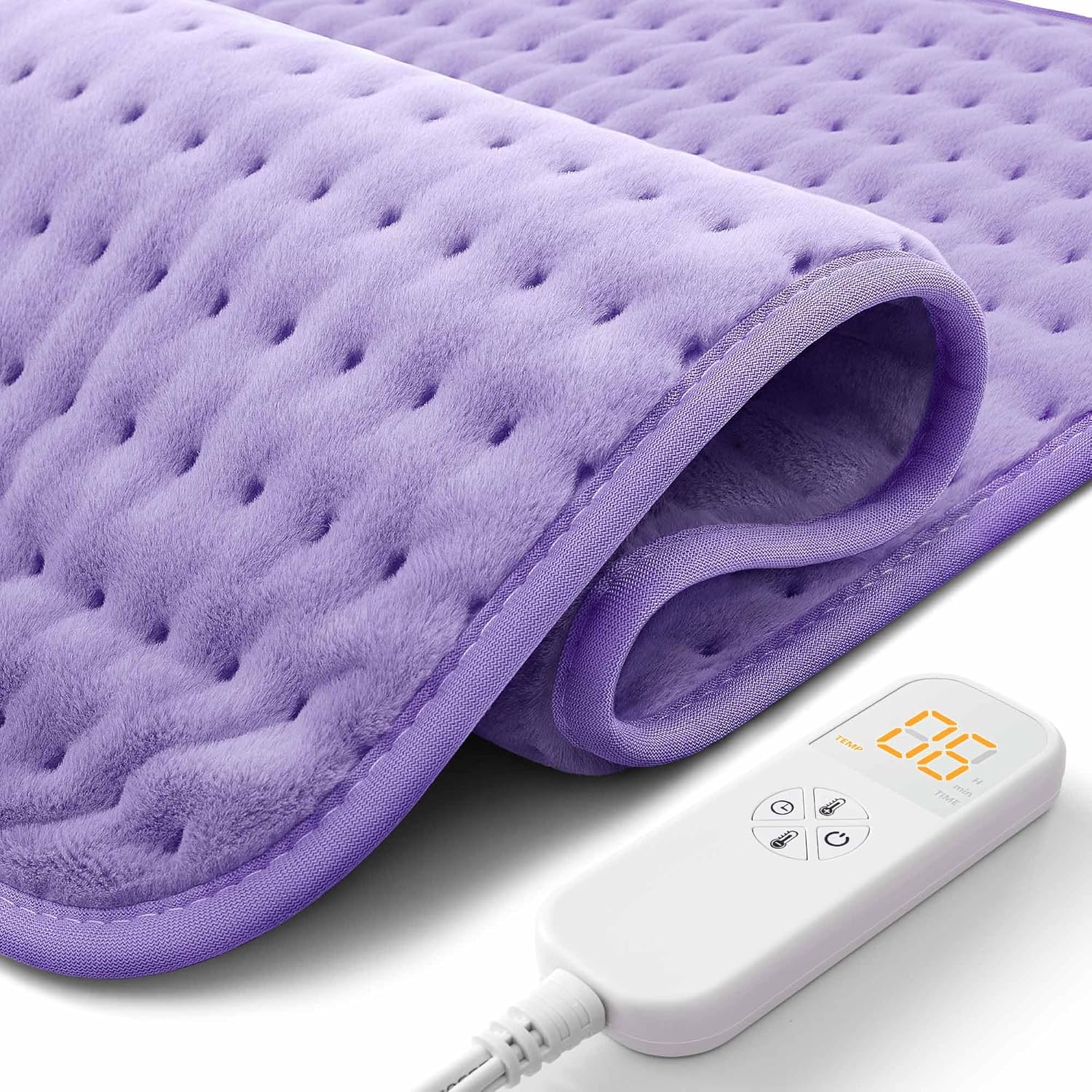 Glamigee ultra wide microplush heating pad front view in lavender purple color showing digital controller.